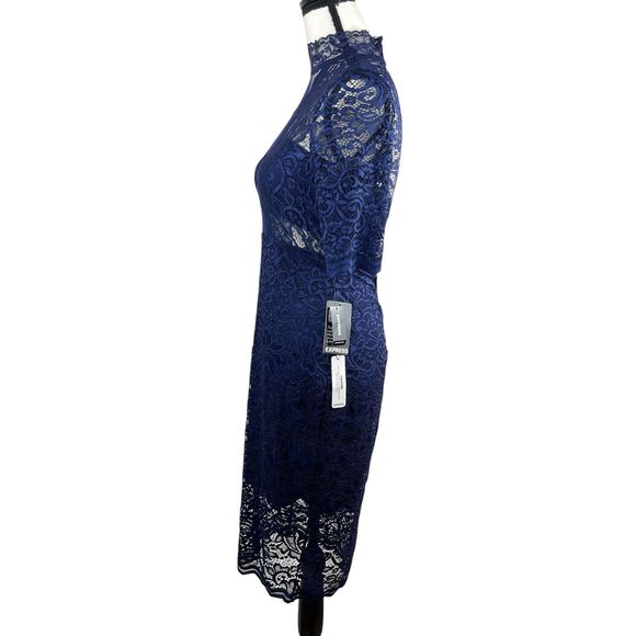 Express Women's Sheath Dress Size 4 Navy Blue Floral Lace Mock Neck Short Sleeve - Picture 5 of 12